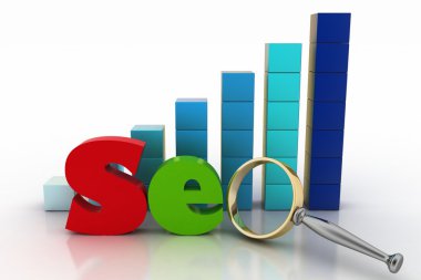 Diyagram bir arka plan üzerinde büyüteç ile mektup Seo