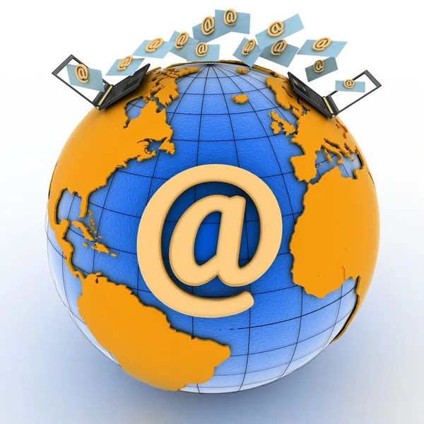 Laptops with incoming e-mails on the globe — Stock Photo, Image