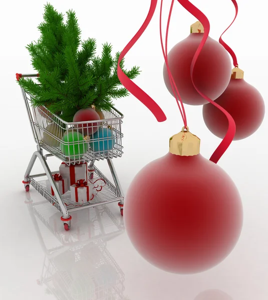 Winkelwagen vol met kerstballen met fir-tree en geschenken — Stockfoto