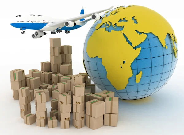 Cardboard boxes and airplane in the globe background — Stock Photo, Image