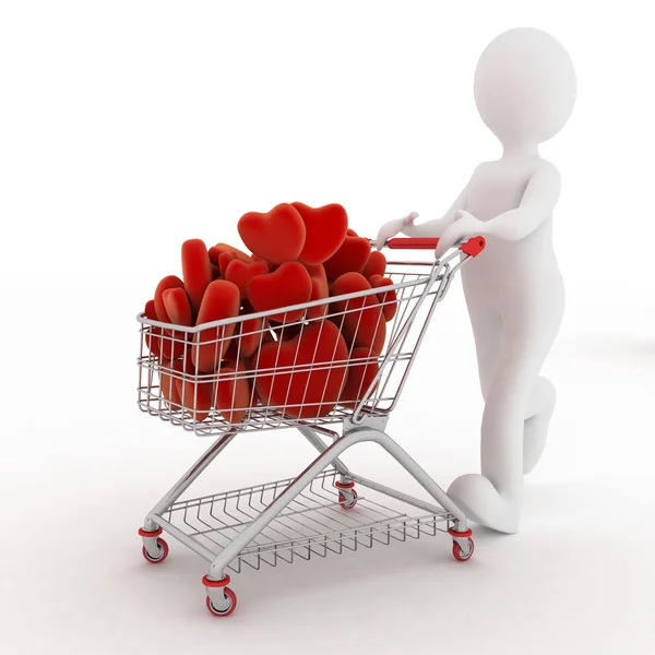 3d person with red hearts on supermarket pushcart — Stock Photo, Image