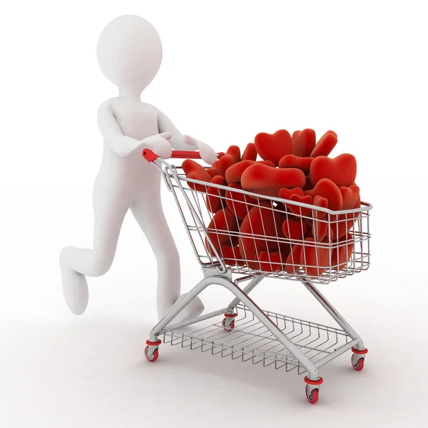 3d persona con cuori rossi su supermercato pushcart — Foto Stock