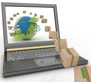 bir laptop ekranında dört bir yanından karton kutular