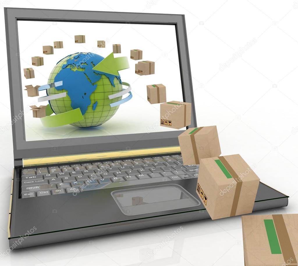 Cardboard boxes around the globe on a laptop screen
