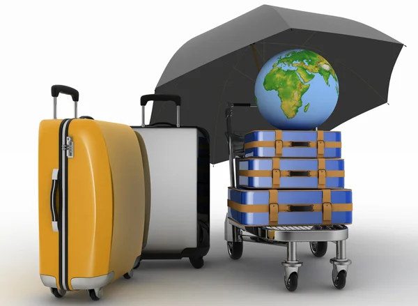 Earth and suitcases on a freight light cart under umbrella — Stock Photo, Image