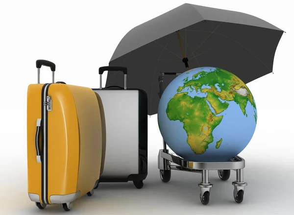 Earth and suitcases on a freight light cart under umbrella — Stock Photo, Image