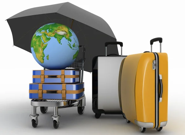 Země a kufry na nákladní lehký vozík pod deštníkem — Stock fotografie