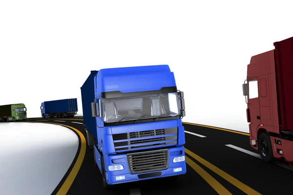 Ciężarówki na autostradzie. 3D render ilustracja. — Zdjęcie stockowe