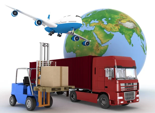 Airliner with a globe and auto loader with boxes — Stock Photo, Image