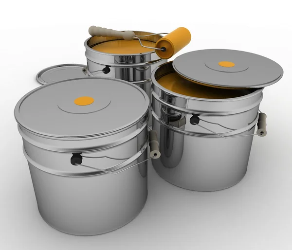 Buckets with orange paint and roller — Stock Photo, Image