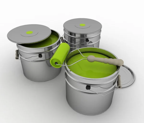 Buckets with green paint and roller — Stock Photo, Image