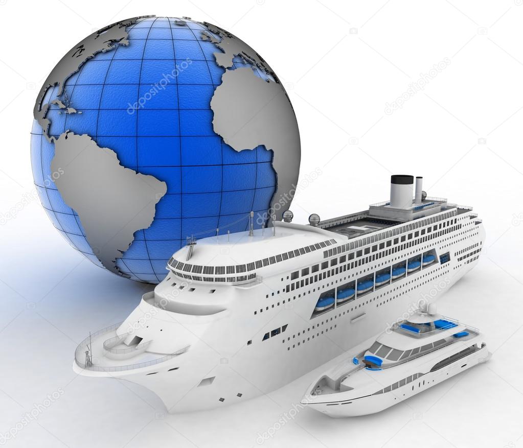 Luxury cruise ship and white yacht on globe background