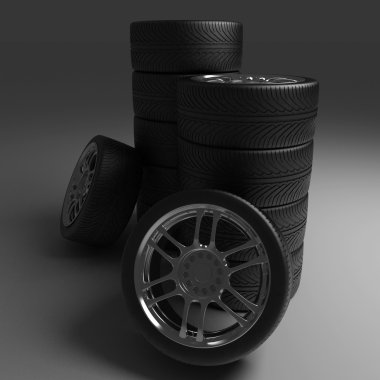 Kiralık Tekerlekler. 3D render resimde siyah arka plan üzerinde.