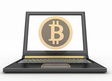Dizüstü bilgisayar ile bir bitcoin simgesi. Online alışveriş consept.