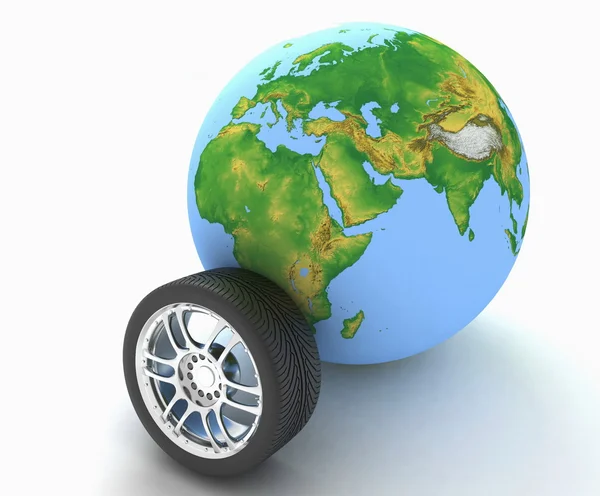 Roue automobile et globe. Illustration de rendu 3D — Photo