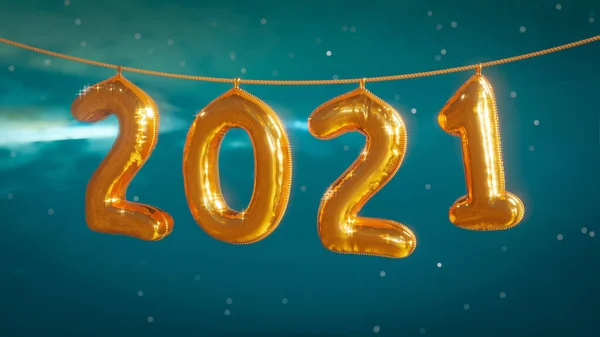İpte 2021 numaranın asılı olduğu sarı balonları kapatın. Arka planda mavi gökyüzü ve kar. Mutlu yıllar 2021, Mutlu Noeller..