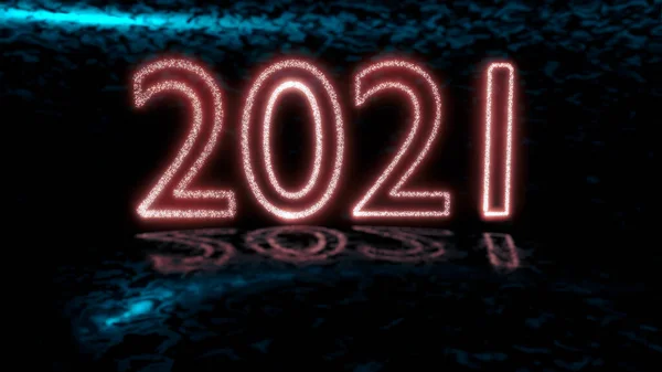在冰蓝色的反光地面上接近2021号闪光的红色霓虹灯 2021年新年快乐 — 图库照片