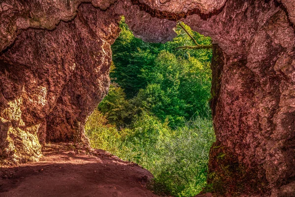 Vedere Aproape Intrarea Peșteră Pădure Verde Fundal Peștera Vilinske Jame — Fotografie, imagine de stoc