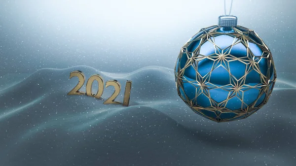 Une Boule Noël Bleue Entourée Ornements Suspendus Sur Sol Enneigé Images De Stock Libres De Droits