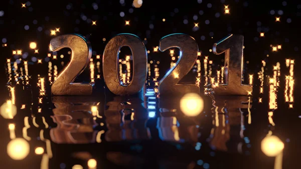 Yansıtıcı siyah dalgalı zeminde, buzdan mavi bokeh arkaplanlı 2021 numaralı altına yaklaş. Altın parçacıklar uçuşuyor. Mutlu yıllar 2021. 3B görüntüleme.