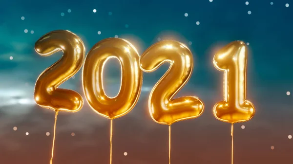 Gökyüzüne doğru uçan 2021 numaralı sarı balonları kapatın. Arka planda mavi gökyüzü ve kar. Mutlu yıllar 2021.