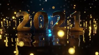 Yansıtıcı siyah dalgalı zeminde, buzdan mavi bokeh arkaplanlı 2021 numaralı altına yaklaş. Altın parçacıklar uçuşuyor. Mutlu yıllar 2021. Kusursuz. 4 bin. 3B görüntüleme.