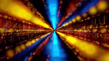 Altın ve mavi ışık yollarının soyut sahnesi ve ekranın ortasından dans eden bokeh. Soyut arkaplan. 3D görüntüleme. 4k