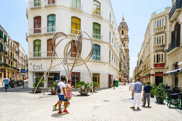 View on Malaga cathedral entrance with steps decorated with plants — Stock Photo, Image