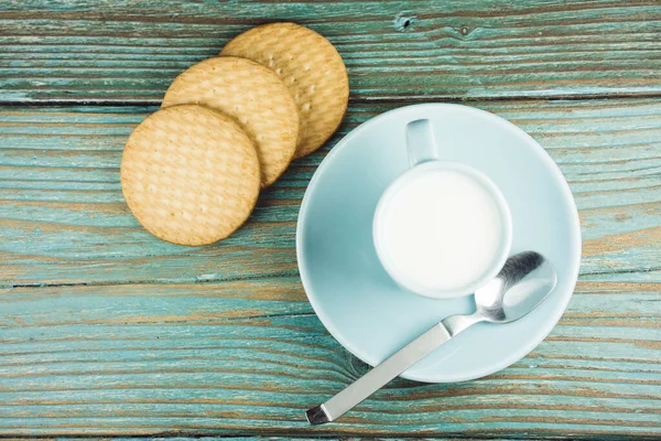 Close Mug Milk Three Cookies Wooden Table — Stock Photo, Image