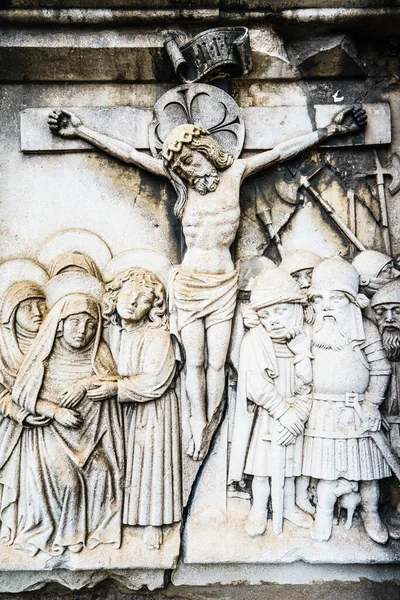 Gros Plan Scène Crucifixion Jésus Gravée Sur Pierre — Photo