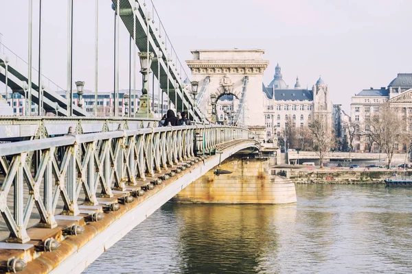 Budapest Hungría Diciembre 2017 Puente Cadena Szechenyi Puente Colgante Que — Foto de Stock