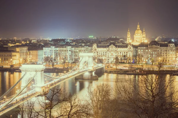 Budapest Magyarország December 2017 Széchenyi Lánchíd Egy Függőhíd Amely Buda — Stock Fotó