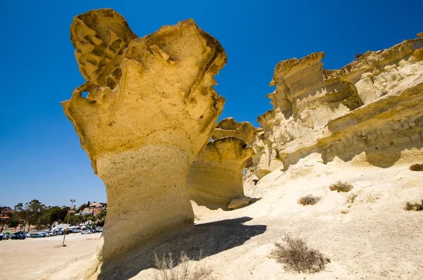 Erozja piaskowca na plaży Bolnuevo, Mazarron, Murcja, Hiszpania — Zdjęcie stockowe