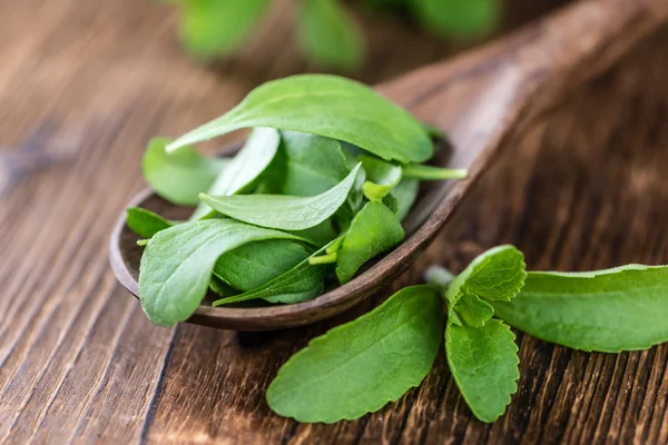 Tabela com folhas de Stevia — Fotografia de Stock