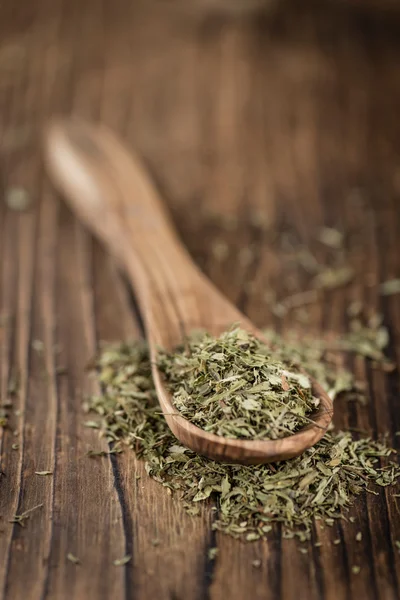 Tavolo con foglie di Stevia essiccate — Foto Stock