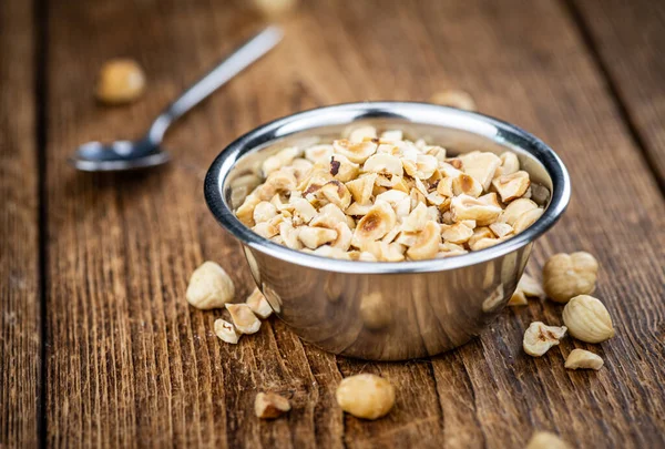 Portion Freshly Chopped Hazelnuts Old Wooden Table Detailed Close Shot — Stock Photo, Image