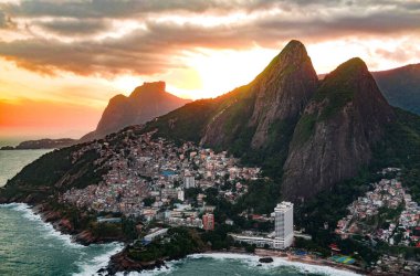 Favela Vidigal in Rio de Janeiro during sunset, aerial shot from a helicotper clipart