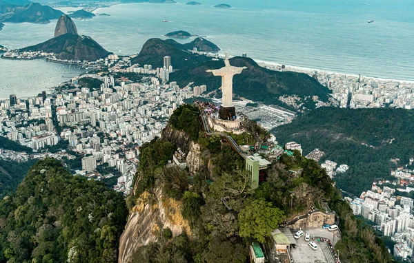 Cristo Redentor Szobor Rio Janeiro Ban Helikopterből Készült Légi Felvétel — Stock Fotó