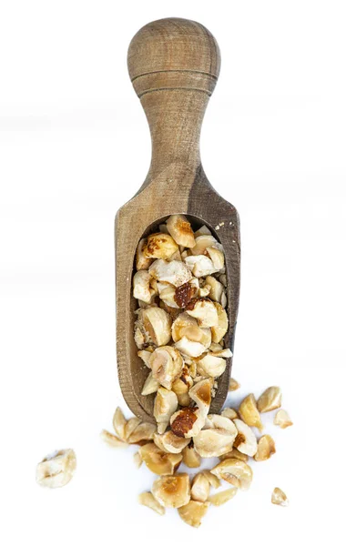 Freshly Chopped Hazelnuts Detailed Close Shot Isolated White Background Selective — Stock Photo, Image