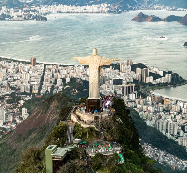 Cristo Redentor Szobor Rio Janeiro Ban Helikopterből Készült Légi Felvétel — Stock Fotó