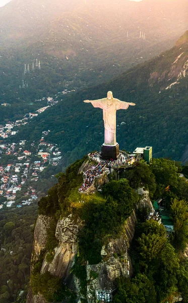 Cristo Redentor Szobor Rio Janeiro Ban Helikopterből Készült Légi Felvétel — Stock Fotó