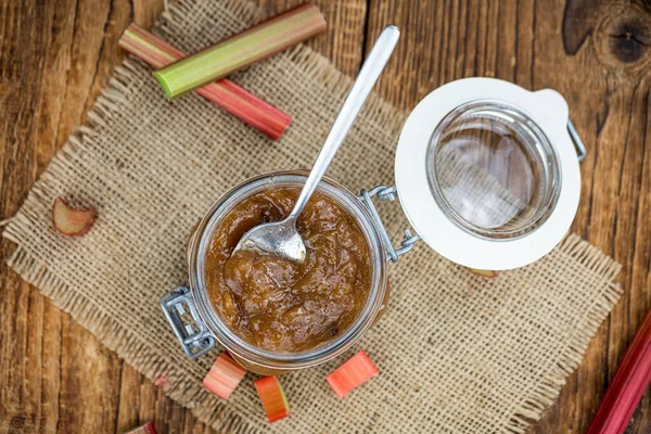 Rubarb Jam Old Wooden Table Detailed Close Shot Selective Focus — стоковое фото