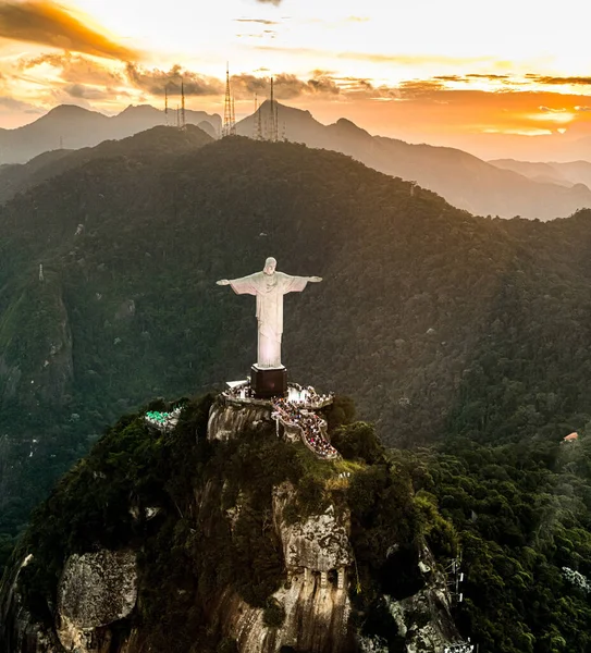 Статуя Cristo Redentor Рио Жанейро Воздушный Кадр Вертолета Время Впечатляющего — стоковое фото