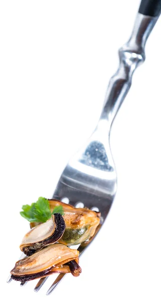 Cozze su una forchetta sopra bianco — Foto Stock