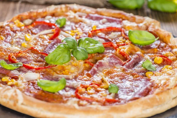 Салями пицца с базиликом — стоковое фото