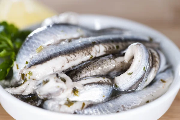 Pickled Anchovis with herbs — Stock Image Pickled Anchovis with herbs Royalty Free Stock Images