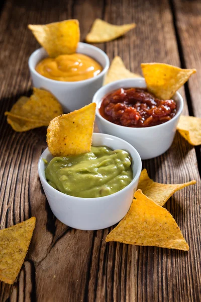 Üç farklı nacho dips — Stok fotoğraf