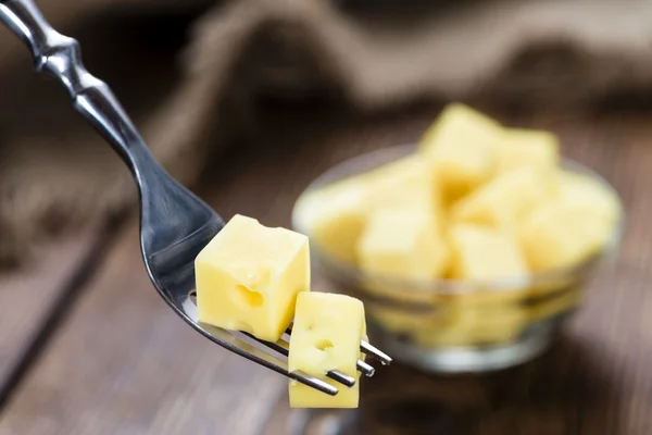 Diced Cheese on a fork — Zdjęcie stockowe