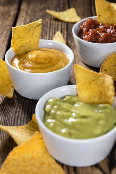 Üç farklı nacho dips — Stok fotoğraf