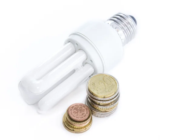 Energiebesparende lamp met Europees geld — Stockfoto